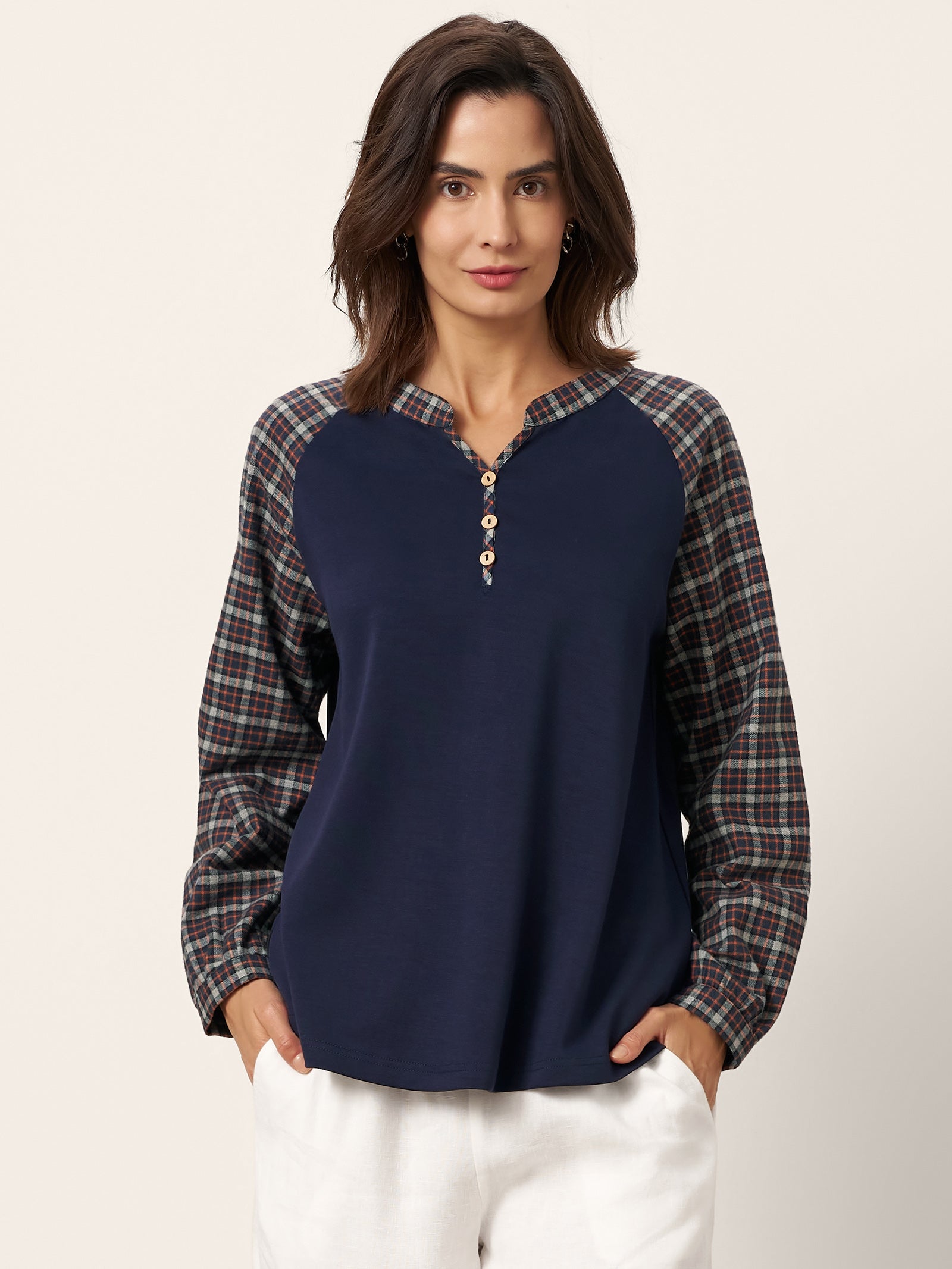 Cotton Contrast Collar Long Sleeve Top CARMEN