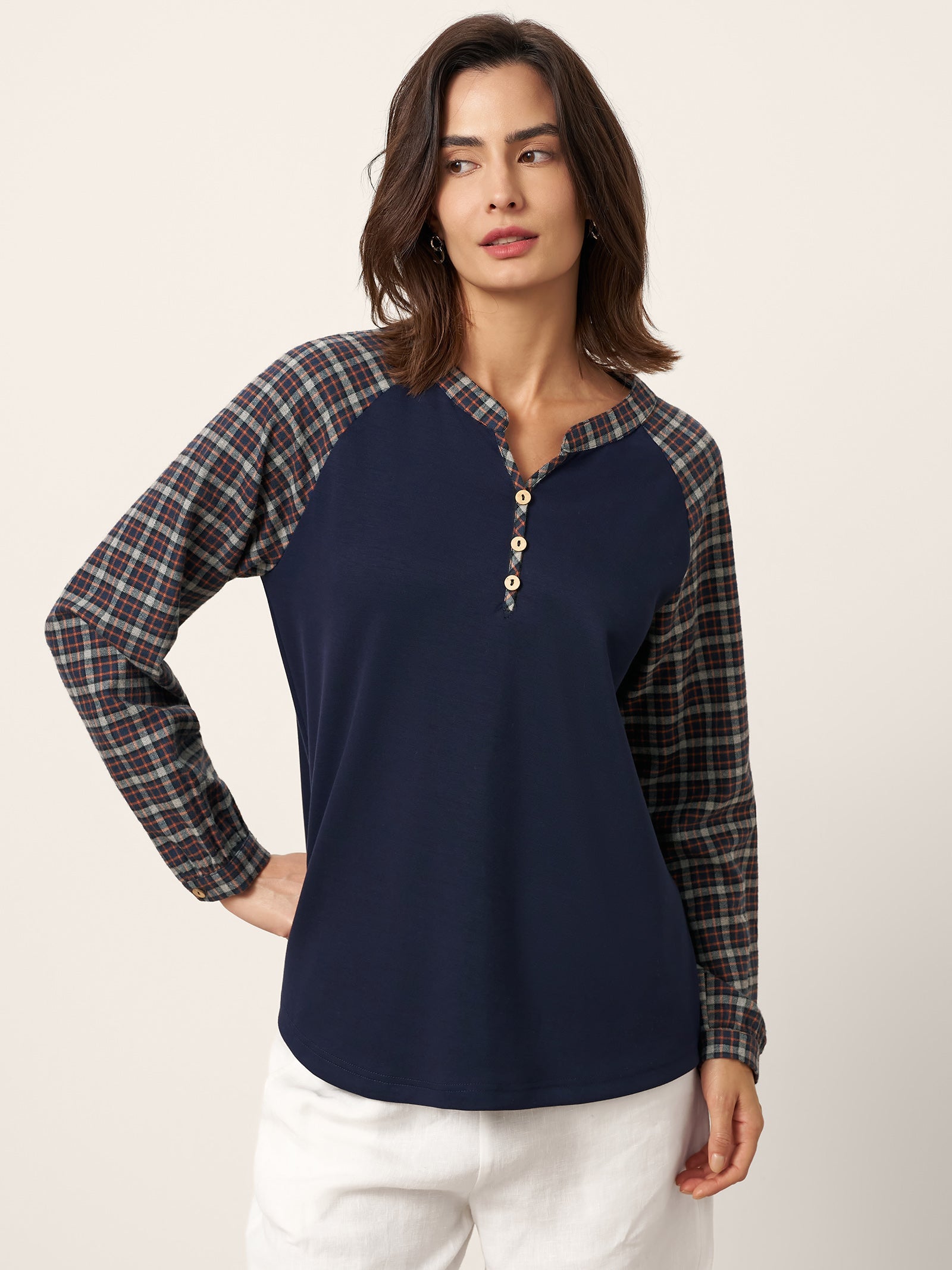 Cotton Contrast Collar Long Sleeve Top CARMEN