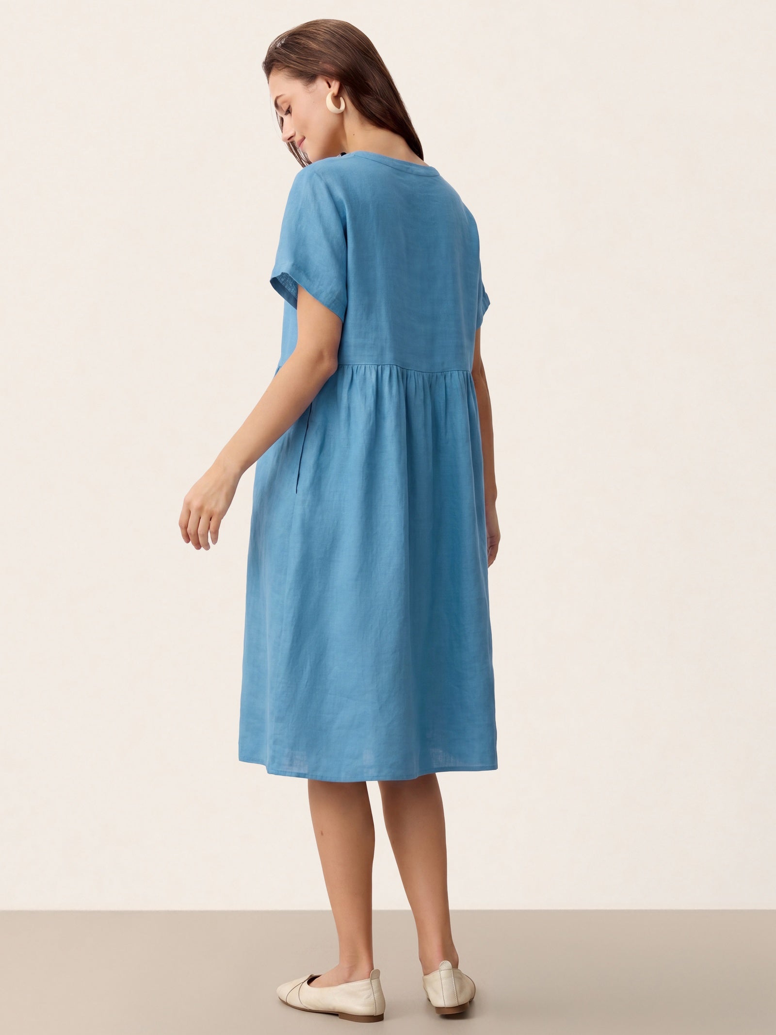 Linen Gathered-Hem Split-Neck Midi Dress SYDNEY