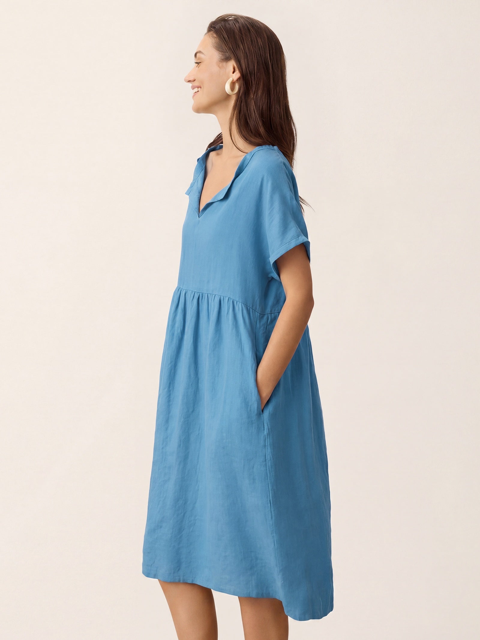 Linen Gathered-Hem Split-Neck Midi Dress SYDNEY