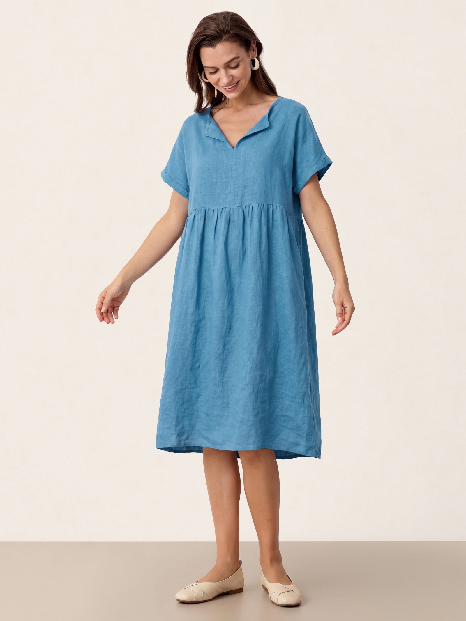Linen Gathered-Hem Split-Neck Midi Dress SYDNEY