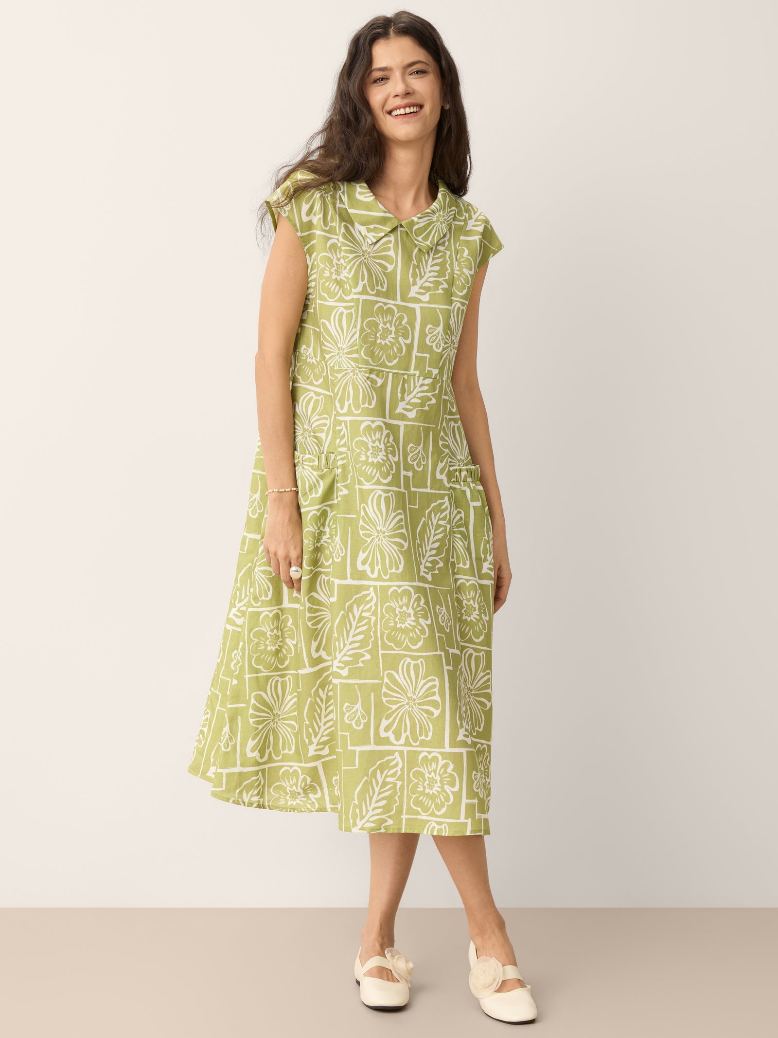 Linen Geometric Floral Peter-Pan Collar Midi Dress FABIENNE