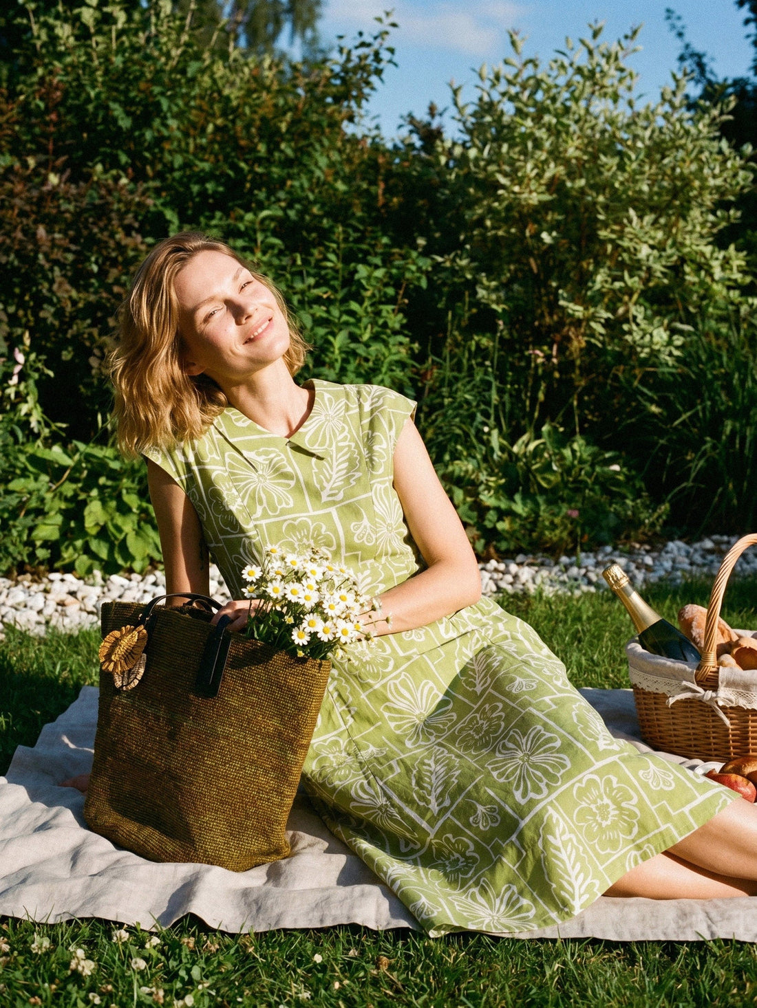 Linen Geometric Floral Peter-Pan Collar Midi Dress FABIENNE
