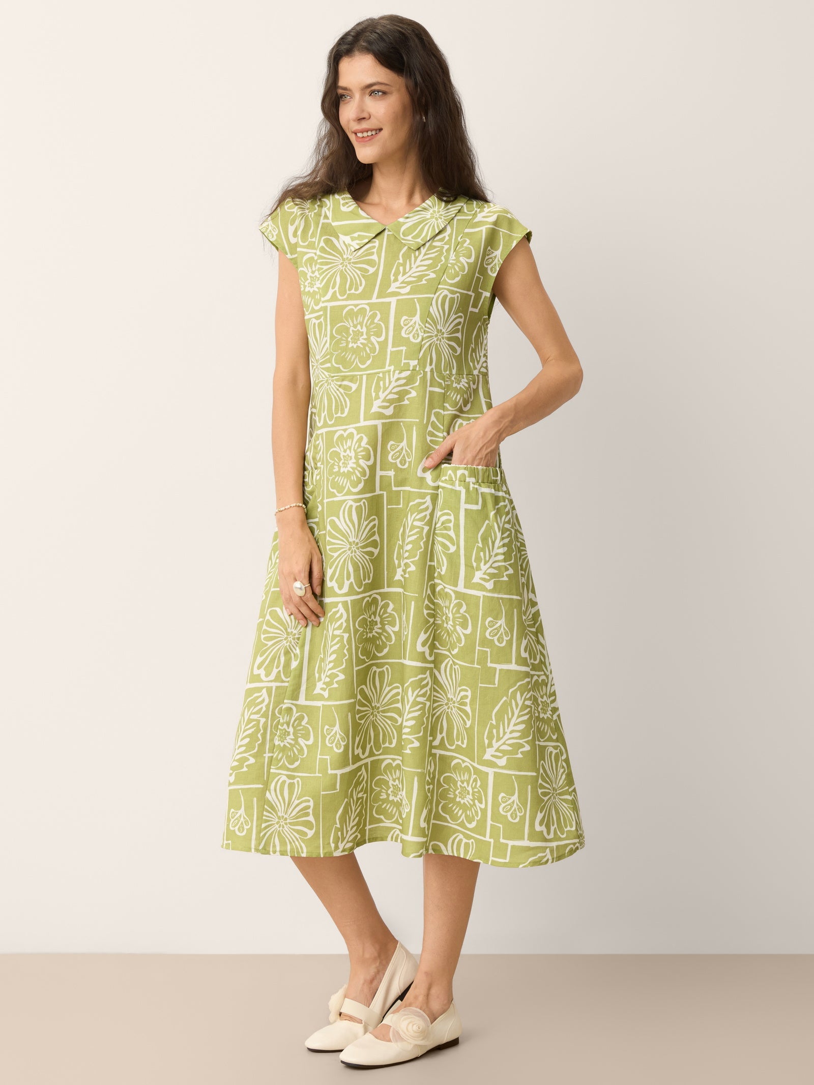 Linen Geometric Floral Peter-Pan Collar Midi Dress FABIENNE