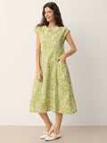 Linen Geometric Floral Peter-Pan Collar Midi Dress FABIENNE