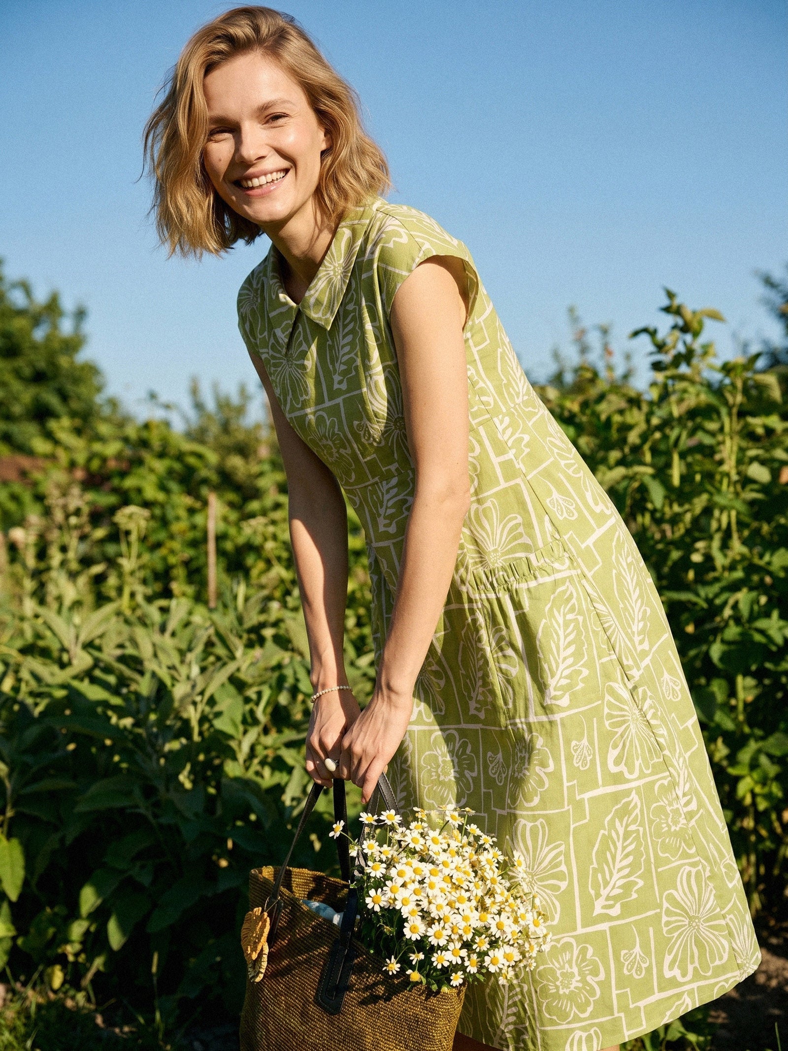 Linen Geometric Floral Peter-Pan Collar Midi Dress FABIENNE