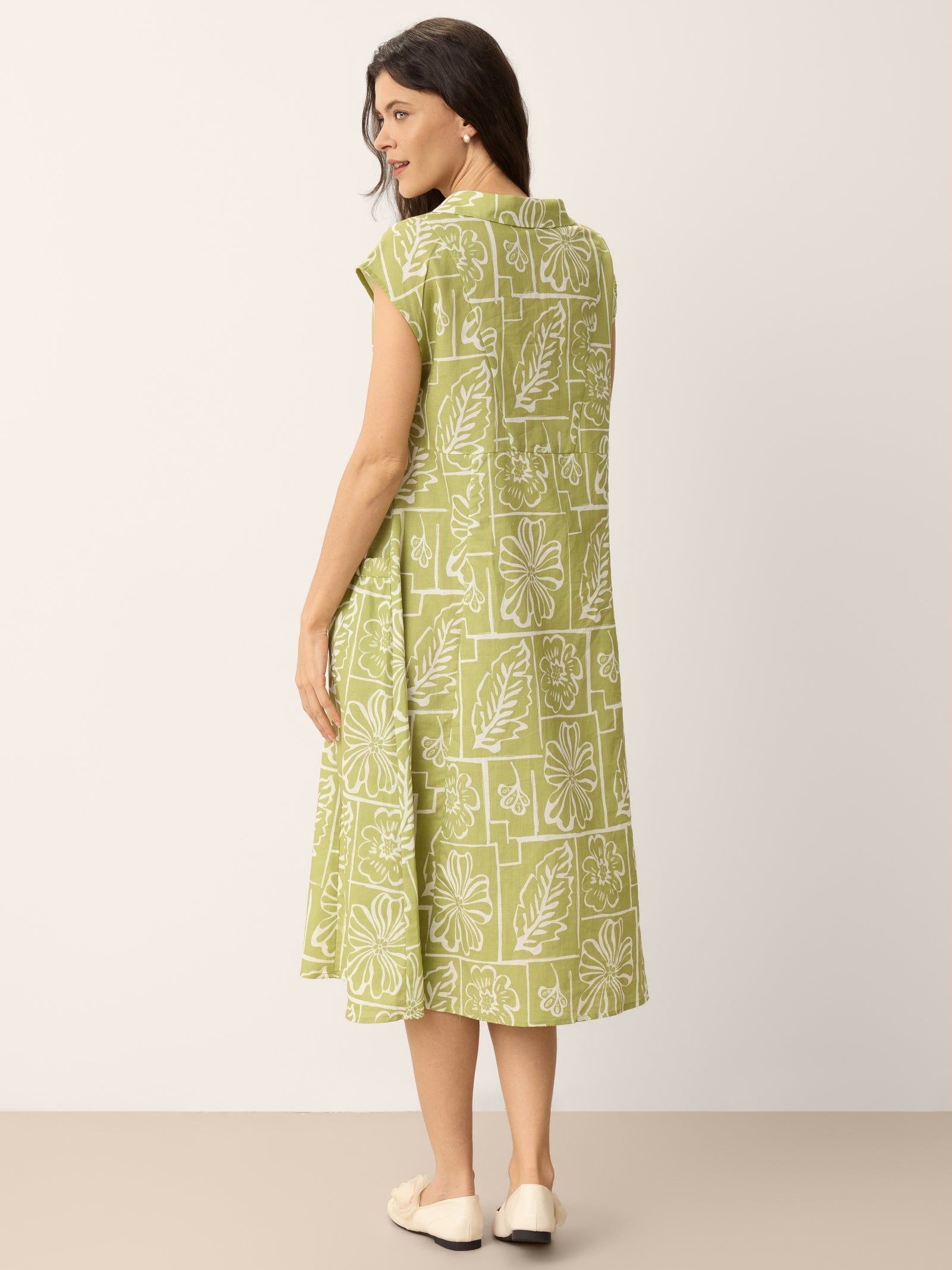 Linen Geometric Floral Peter-Pan Collar Midi Dress FABIENNE