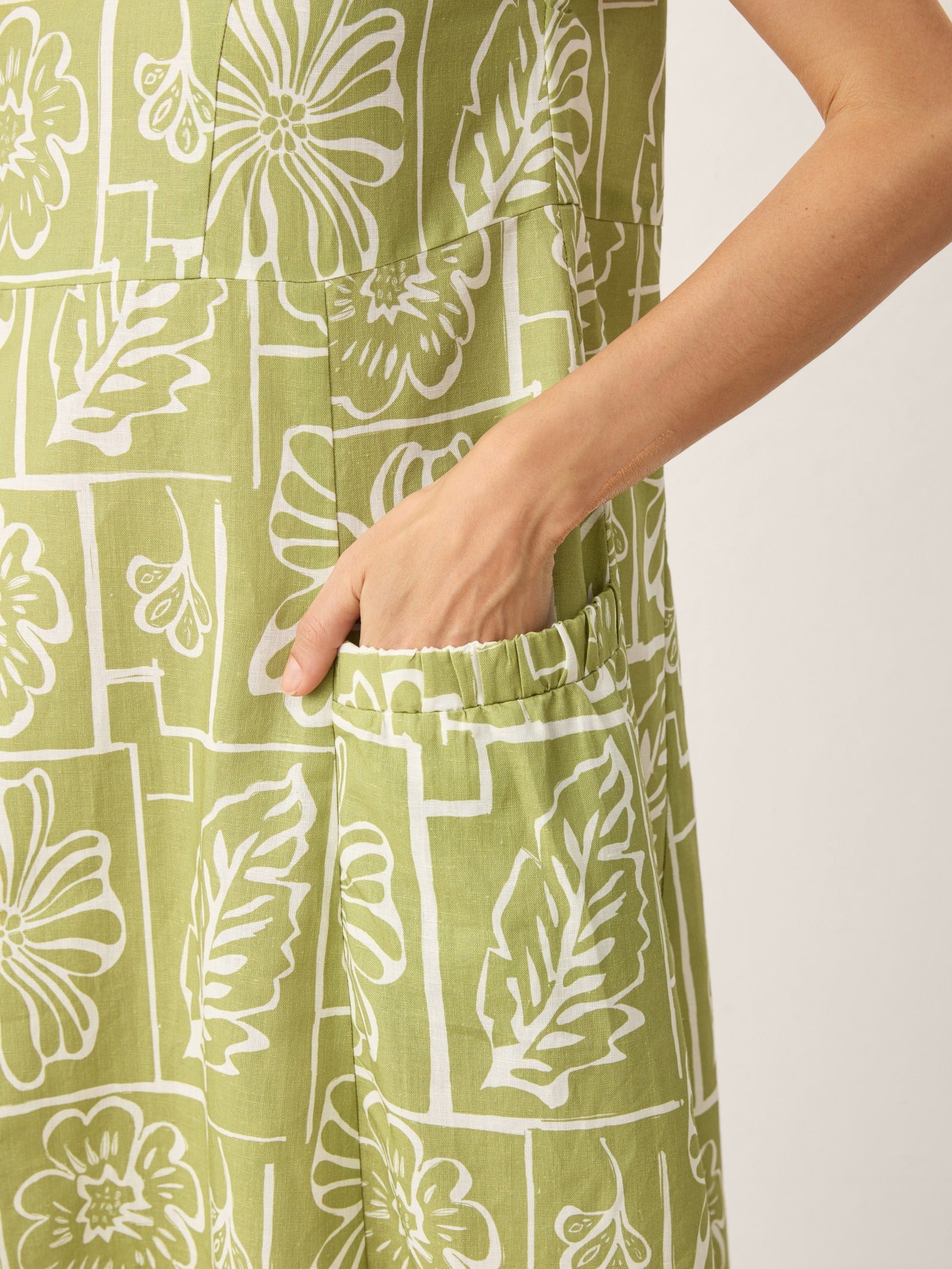 Linen Geometric Floral Peter-Pan Collar Midi Dress FABIENNE