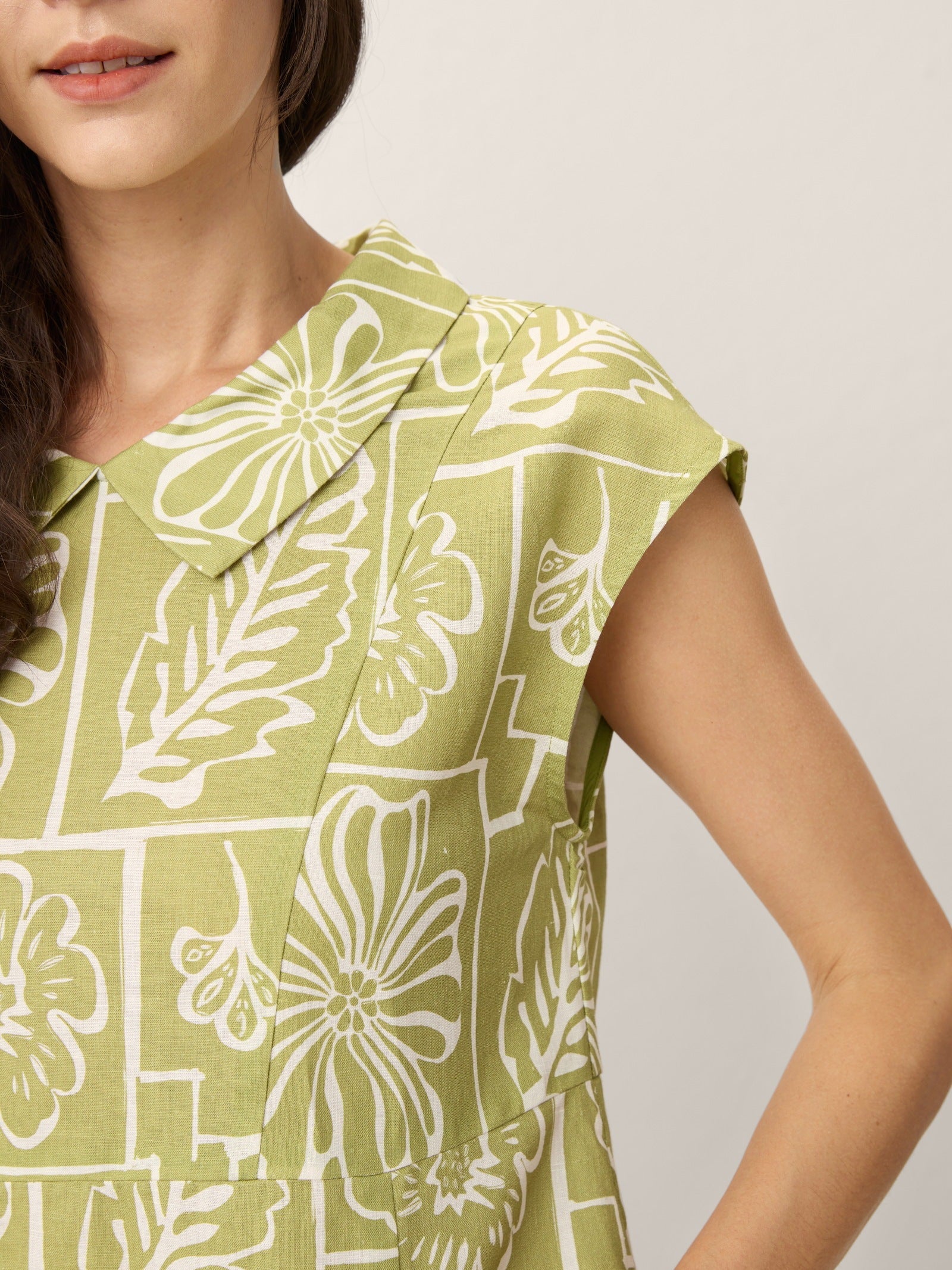 Linen Geometric Floral Peter-Pan Collar Midi Dress FABIENNE