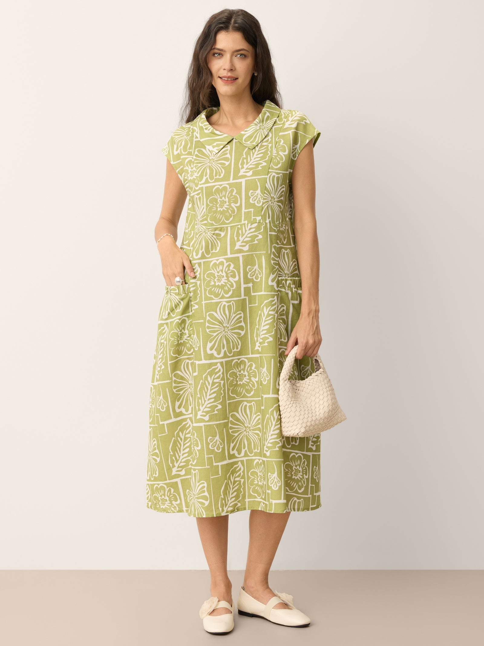Linen Geometric Floral Peter-Pan Collar Midi Dress FABIENNE