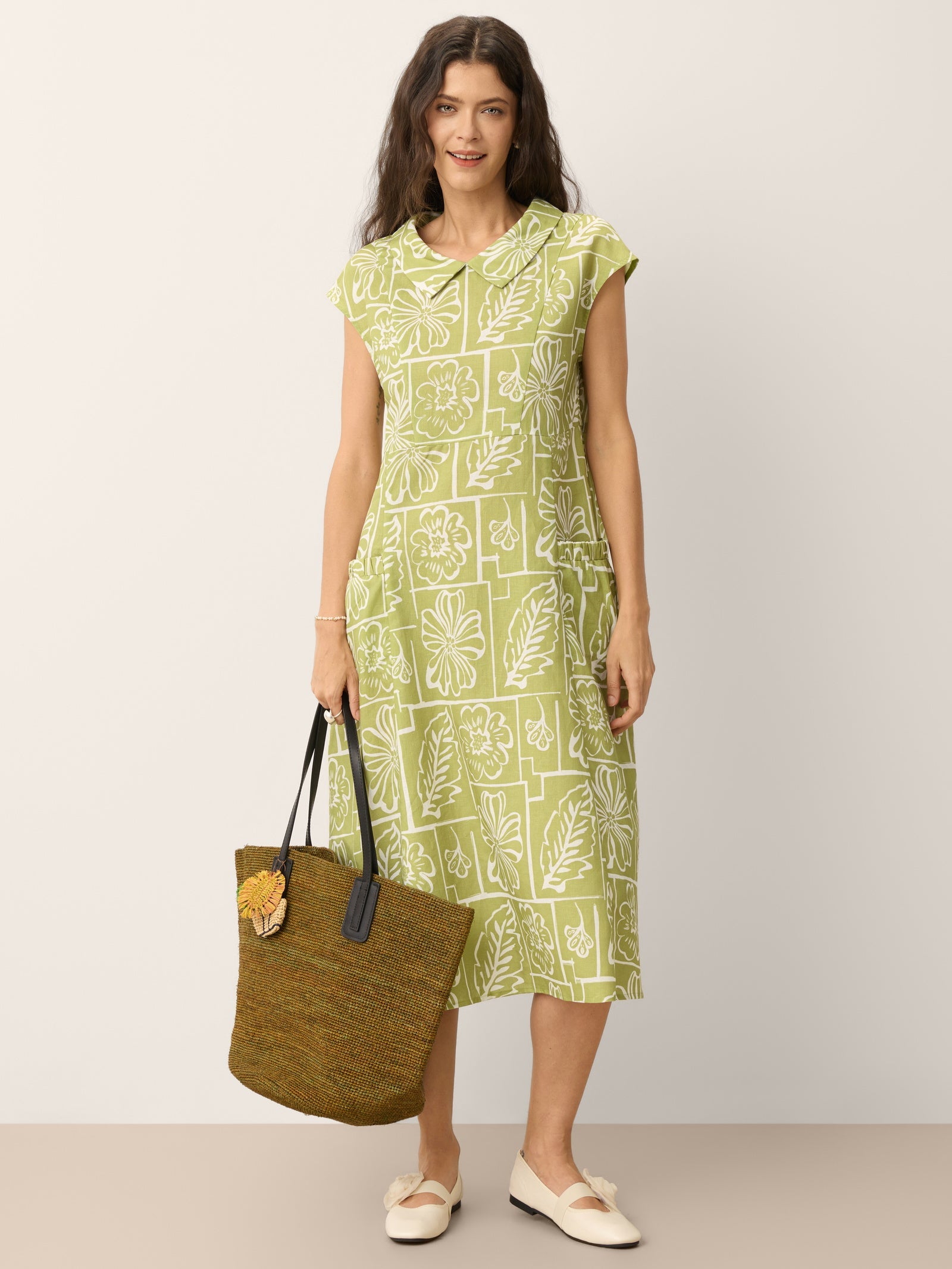 Linen Geometric Floral Peter-Pan Collar Midi Dress FABIENNE