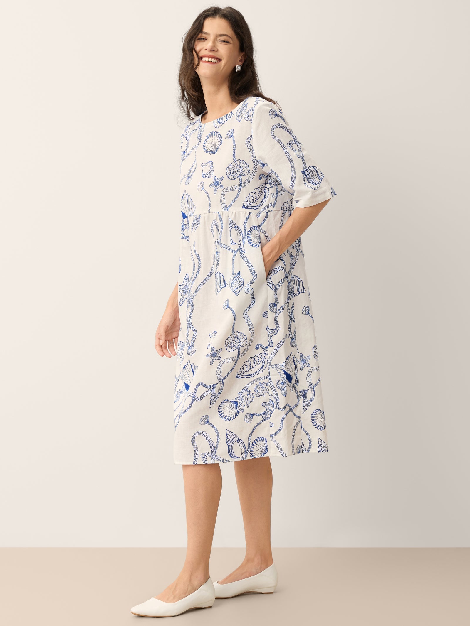 Linen Marine Curio Print Babydoll Midi Dress DELPHINA