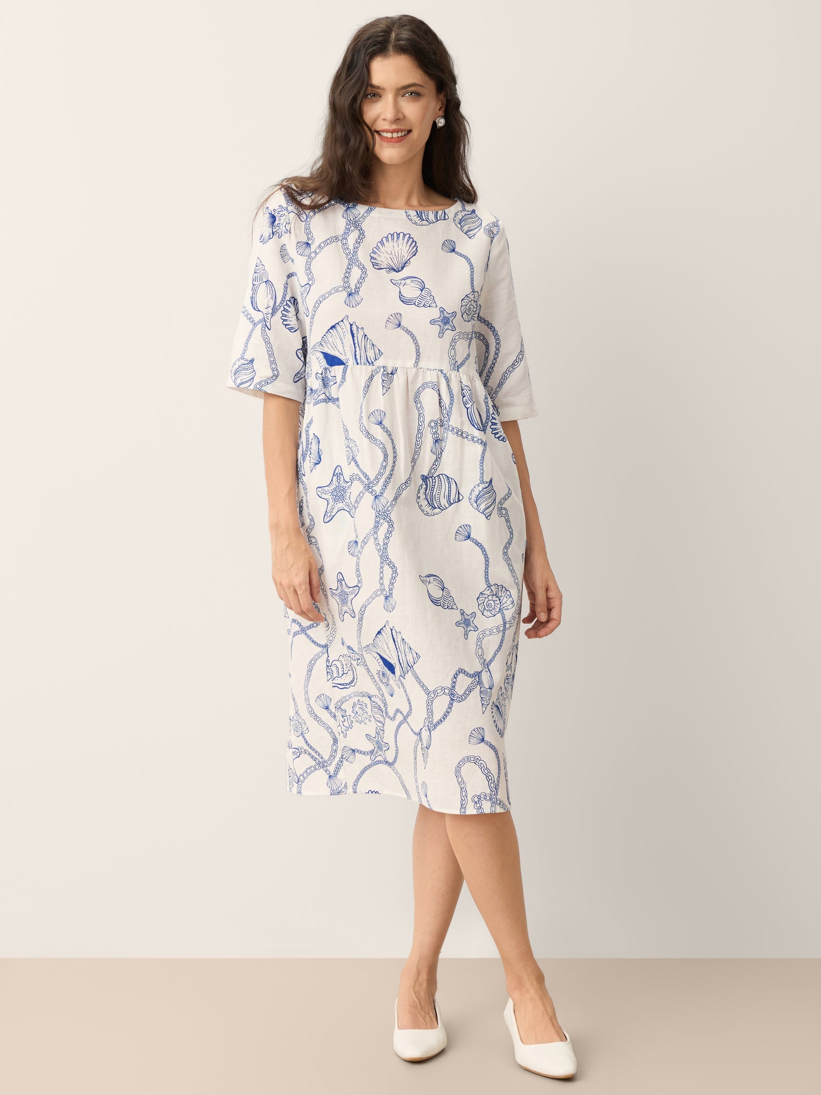 Linen Marine Curio Print Babydoll Midi Dress DELPHINA