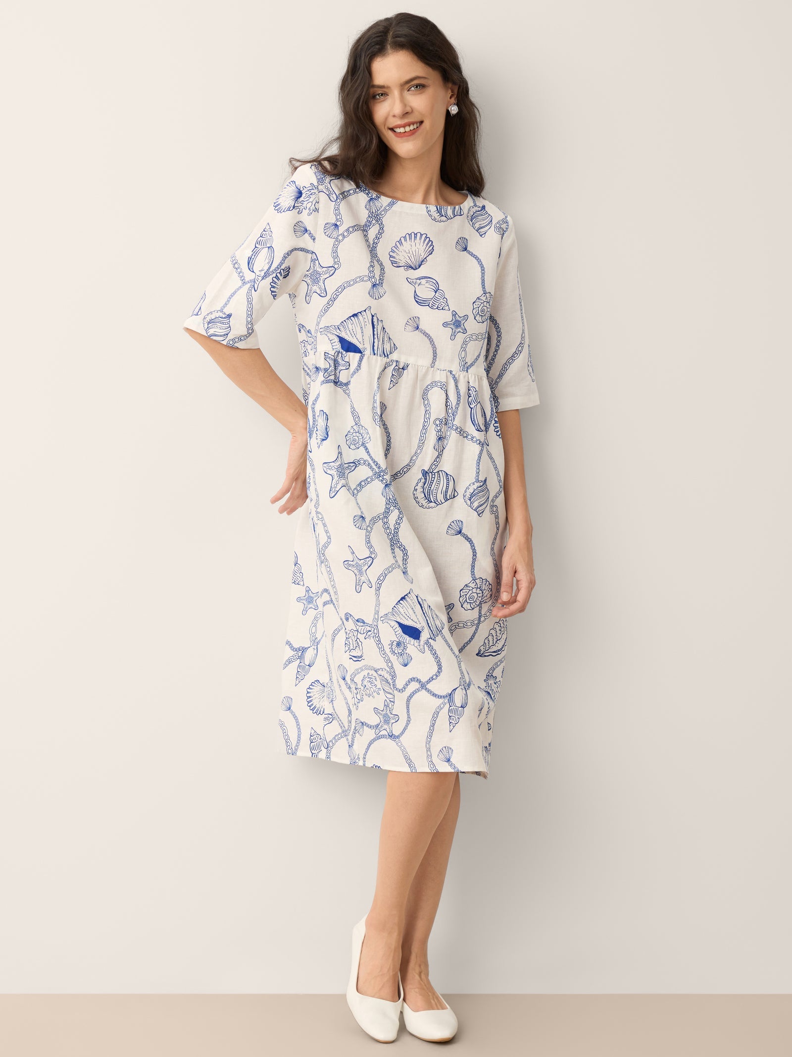 Linen Marine Curio Print Babydoll Midi Dress DELPHINA