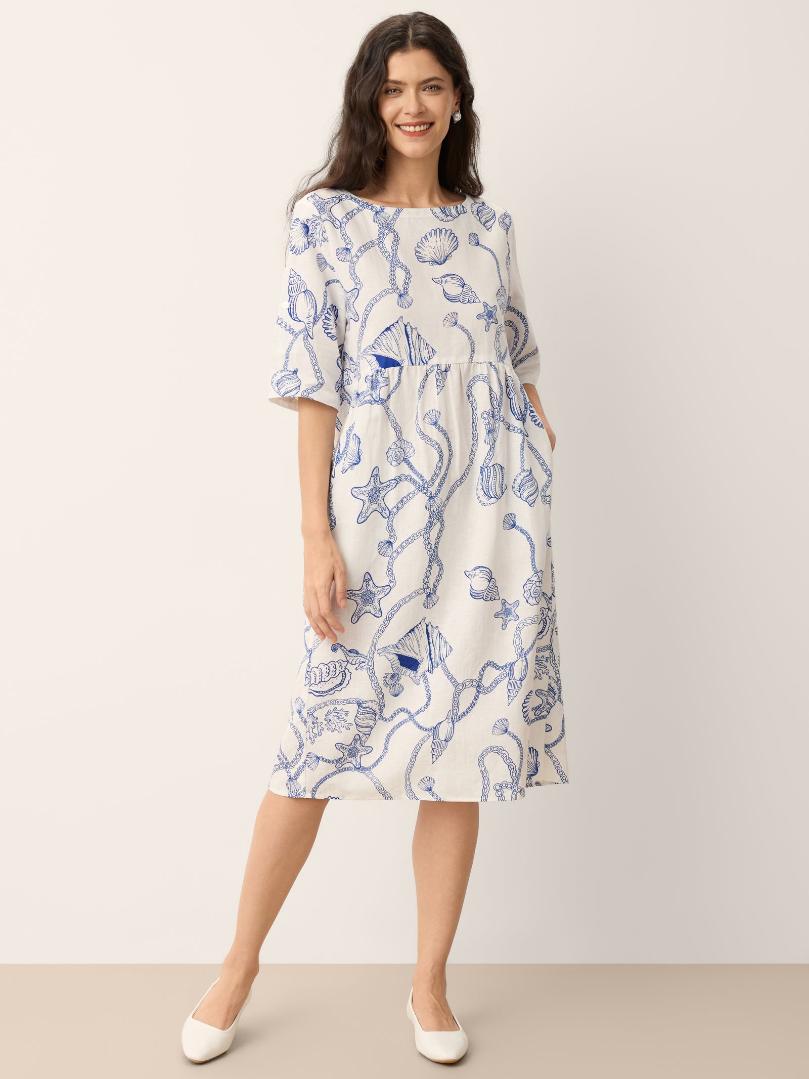Linen Marine Curio Print Babydoll Midi Dress DELPHINA
