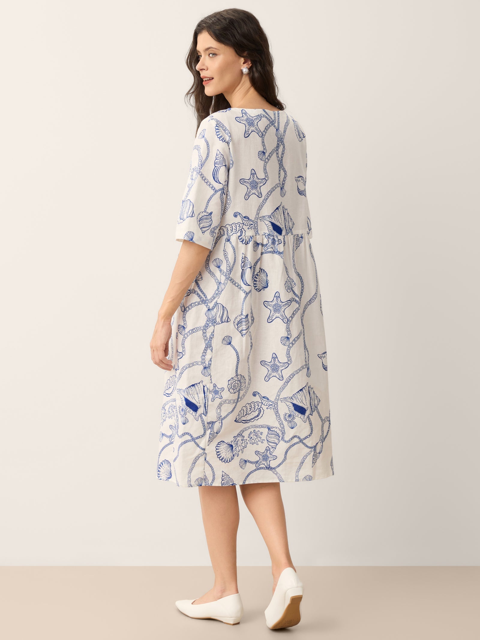 Linen Marine Curio Print Babydoll Midi Dress DELPHINA