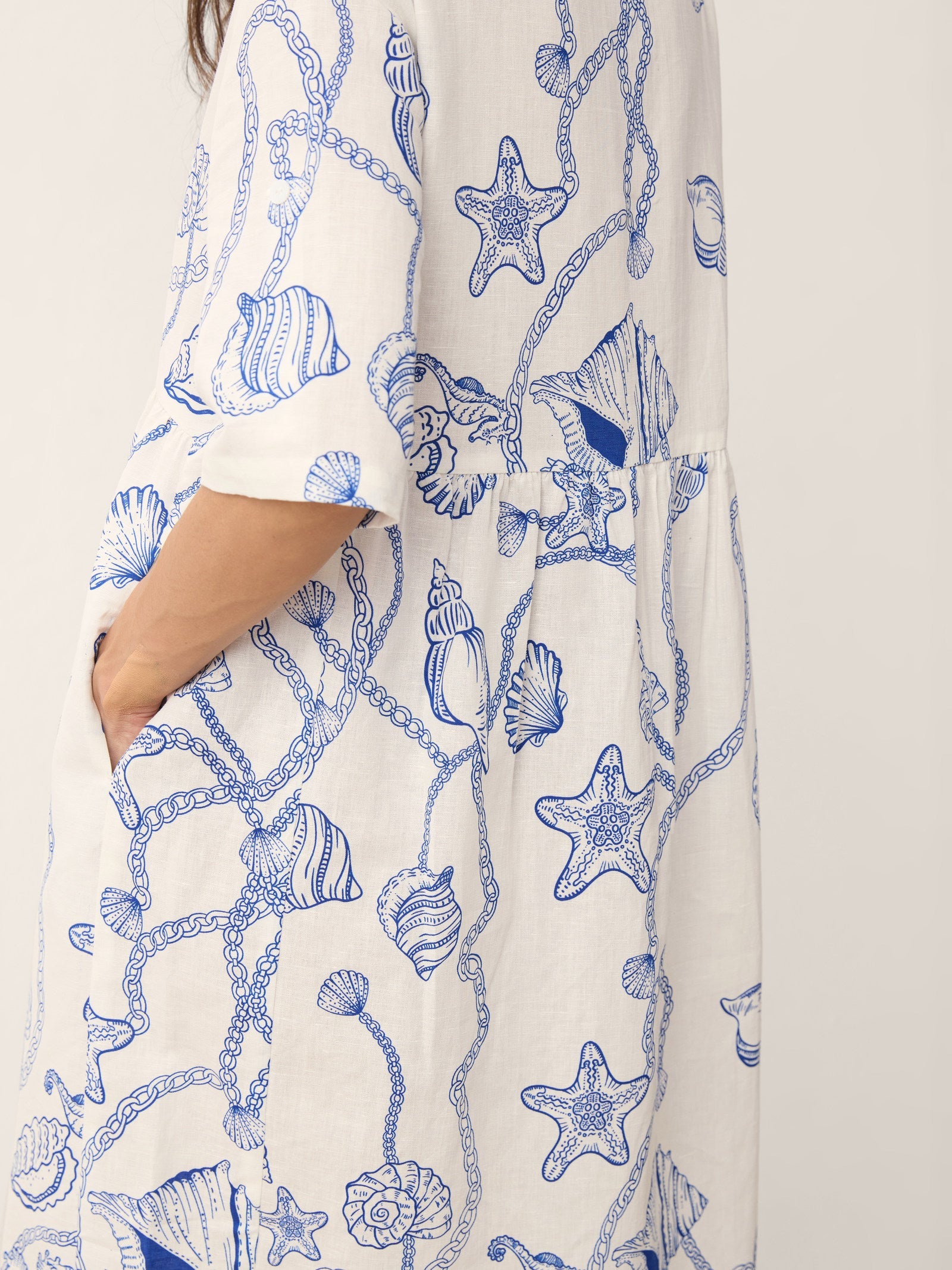 Linen Marine Curio Print Babydoll Midi Dress DELPHINA