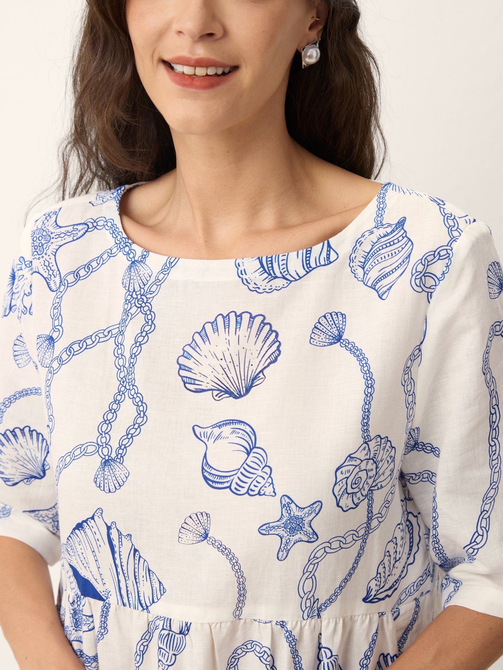 Linen Marine Curio Print Babydoll Midi Dress DELPHINA
