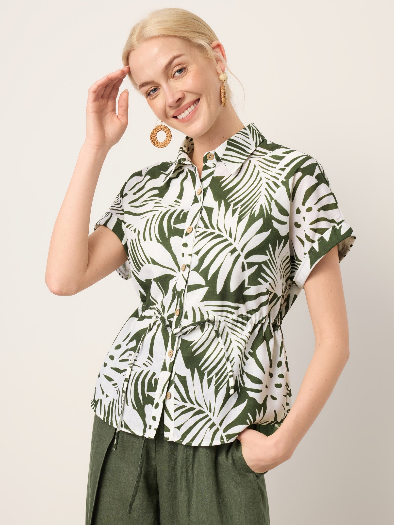 Linen Palm Print Drawstring Waist Cuffed Sleeve Shirt HILDEGARD
