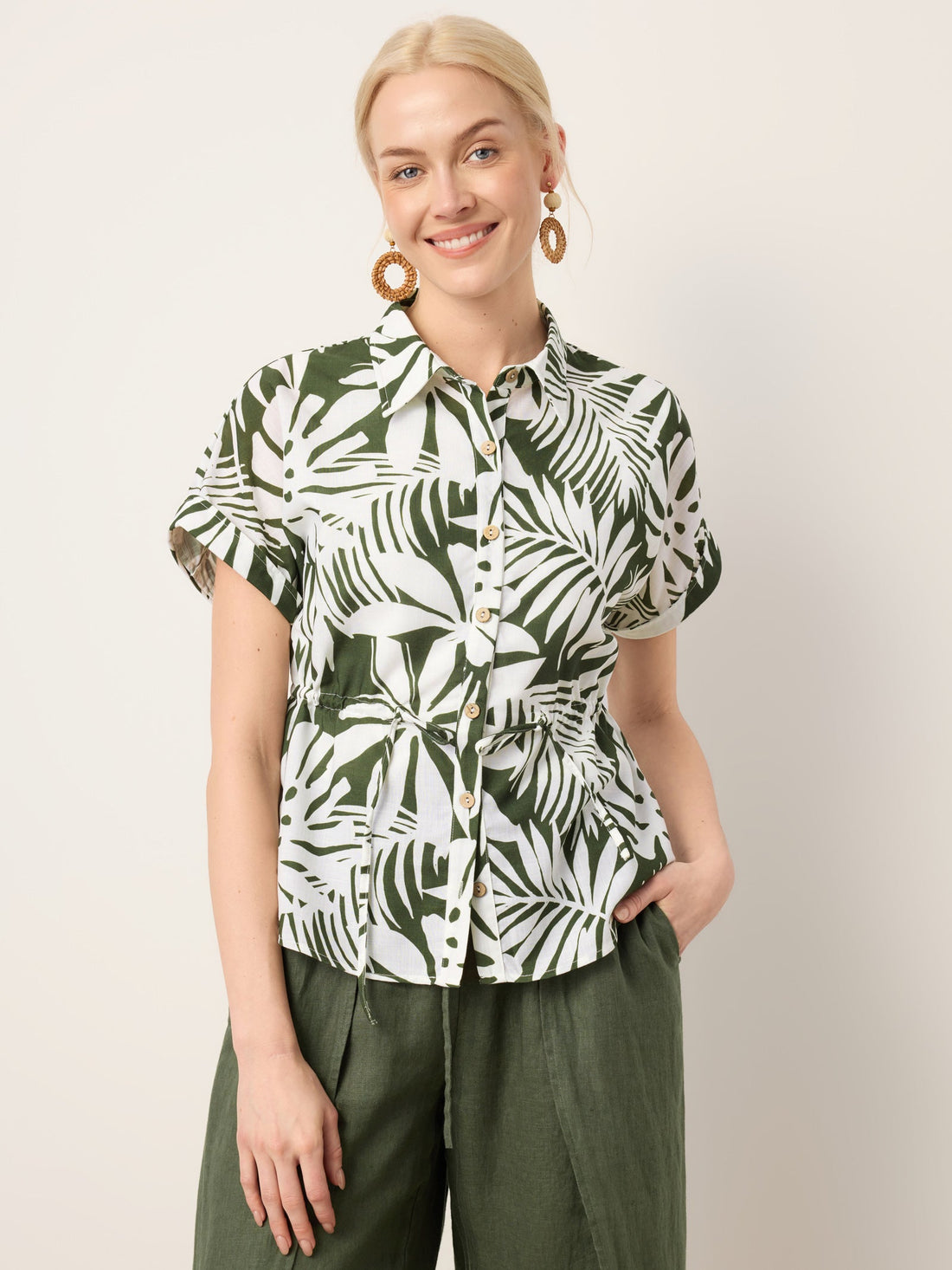 Linen Palm Print Drawstring Waist Cuffed Sleeve Shirt HILDEGARD