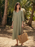 100% Linen Center Pleat V-Neck Cuffed Sleeve Maxi Dress ZENOBIA